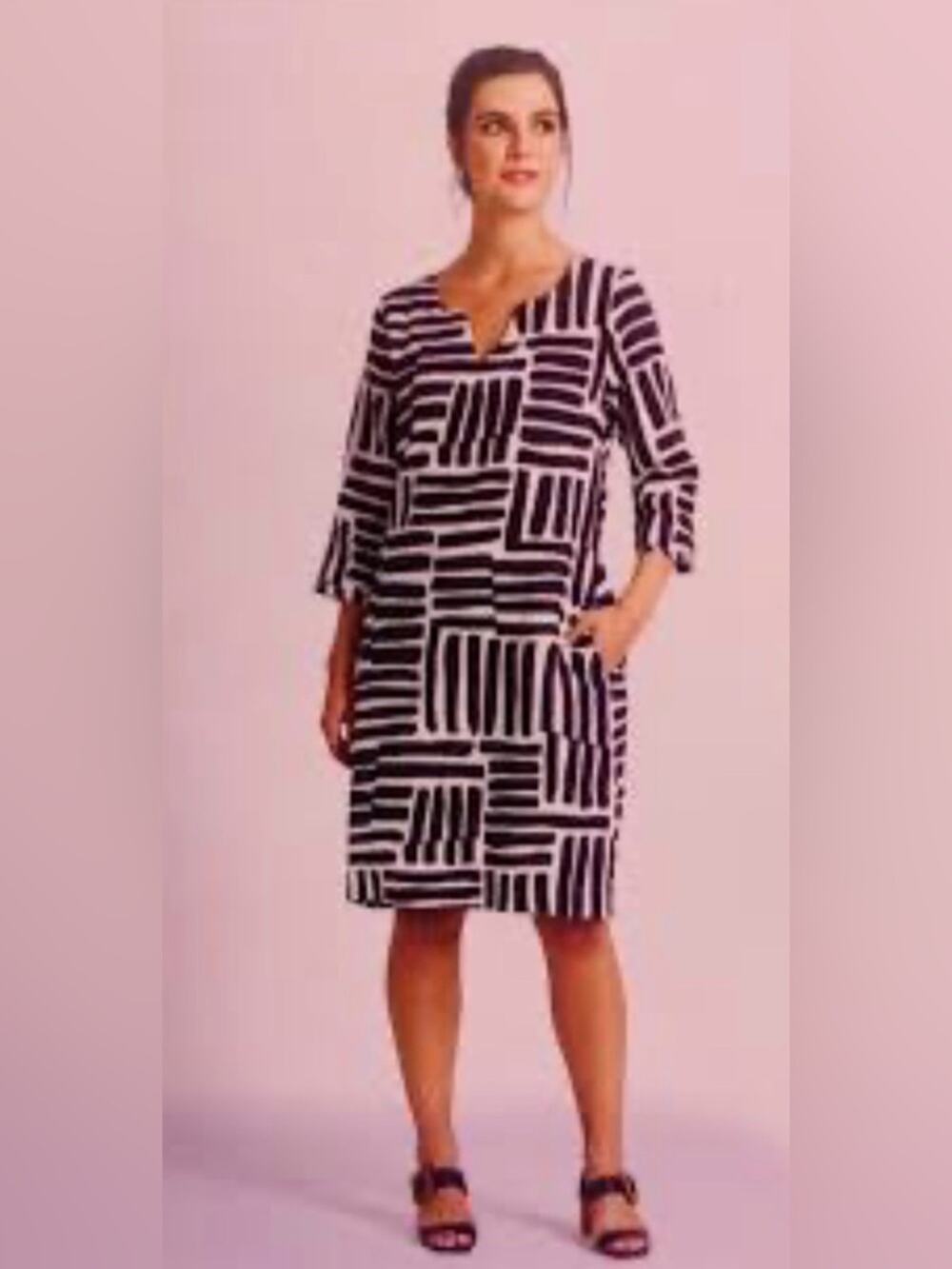 FOIL Black and White geometric shape pattern linen lagenlook shift dress 14